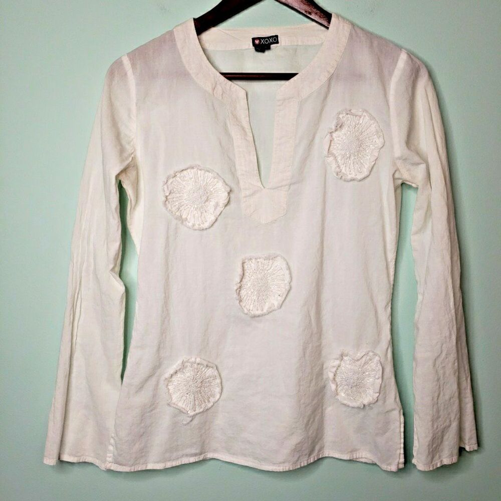 Y2K White Party Boho Top Coastal Tunic Embellished Flower Womens Sz Small Shirt